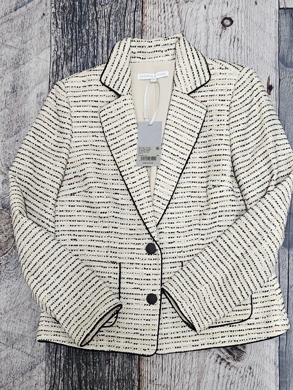 Preston & York Cream & Black Textured Tweed Blazer Jacket Women's Size 6 NWT